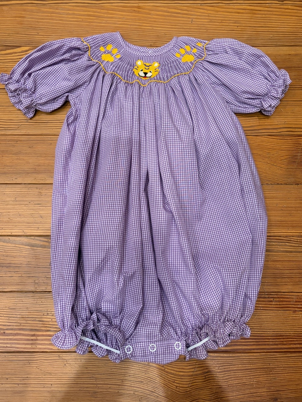 Girls Purple Gingham Smocked Bubble with Yellow Tiger Embroidery, LSU